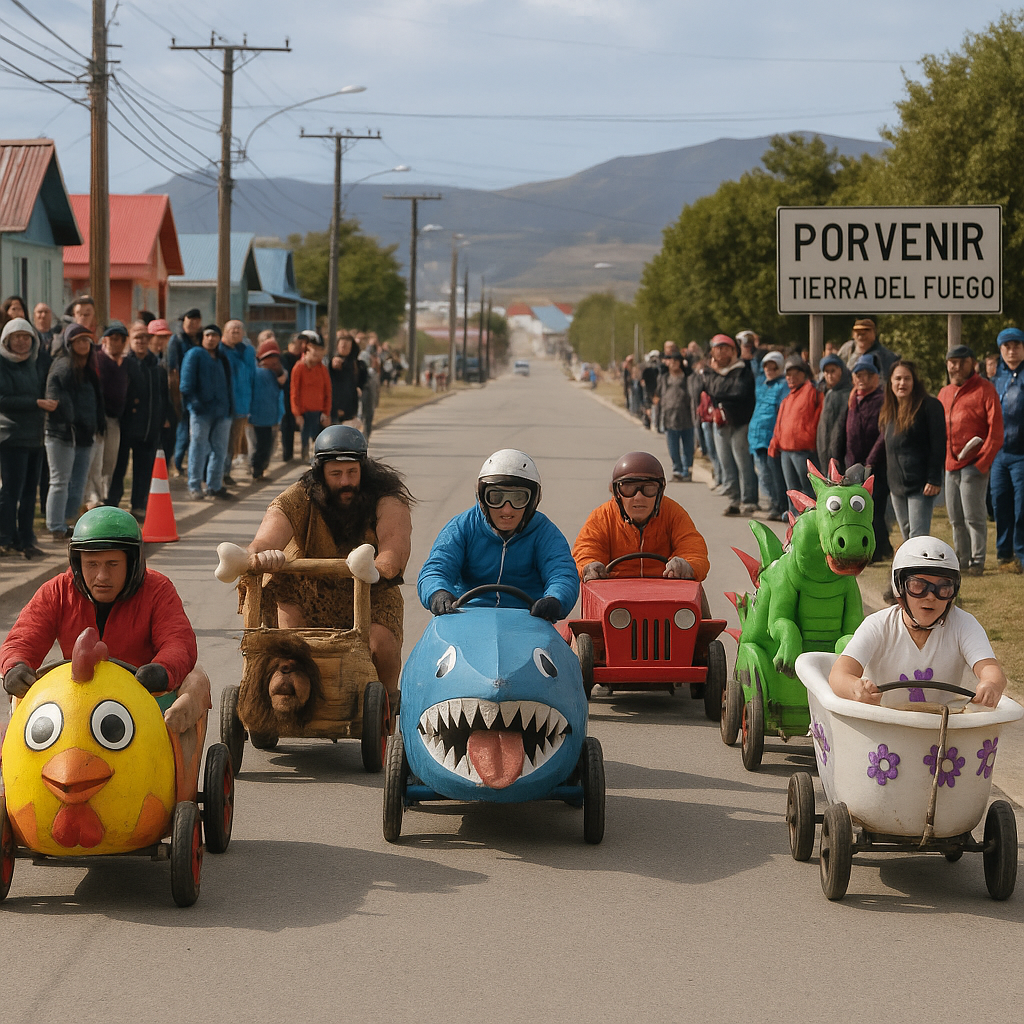 carrera de autos locos creados por personas de forma artesanal en Porvenir, Tierra del Fuego