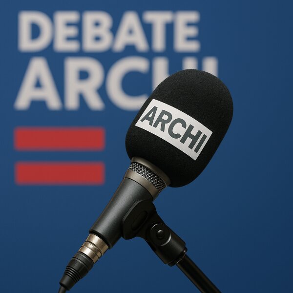 Genera una imagen de en contexto del debate de la Archi, donde aparezca un micrófono con un antipop que diga "Archi"