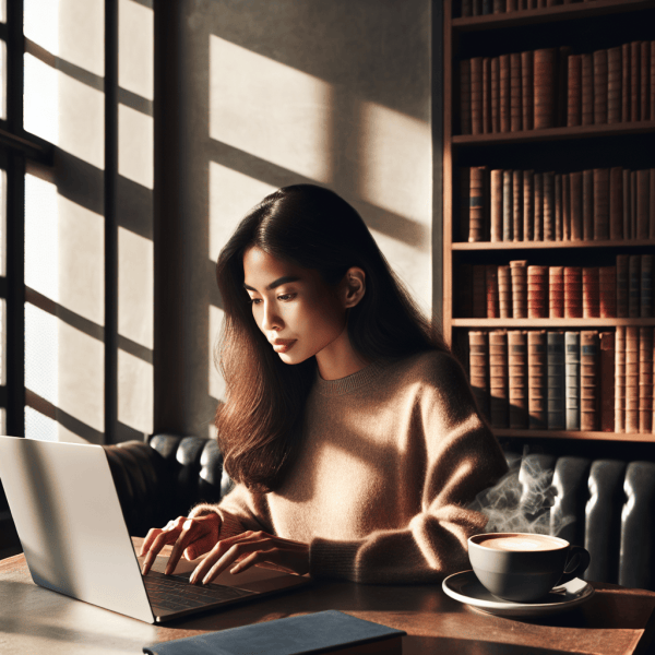 persona escribiendo en un computador con un café